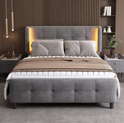 MEUNIQ gestoffeerd tweepersoonsbed 140x200 cm met 16-kleuren LED-verlichting, verstelbaar hoofdeinde, lattenbodem en gecapitonneerd hoofd- en voetbord, grijs