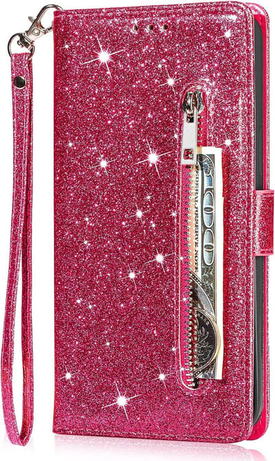 Glitter Bookcase Hoesje Geschikt voor: Samsung Galaxy A25 met rits - hoesje - portemonneehoesje - Roze - ZT Accessoires