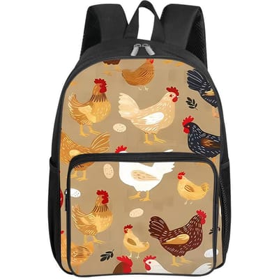 Vierkante Rugzak met Kippenpatroon en Voorvak voor Jongens en Meisjes Beste Cadeaus 2D Platte Cartoon Schooltassen voor Kinderen beige