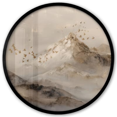 Poster in lijst Rond - Fotolijst 40x40 cm - Posters - Berglandschap - Mist - Penseelstreken - Ronde posterlijst zwart - Decoratie - Wanddecoratie woonkamer - Muurdecoratie slaapkamer
