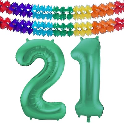 Folat Verjaardag Leeftijd folieballon - 21 jaar - groen - 86 cm - cijferballon groot - incl 2x feestslingers