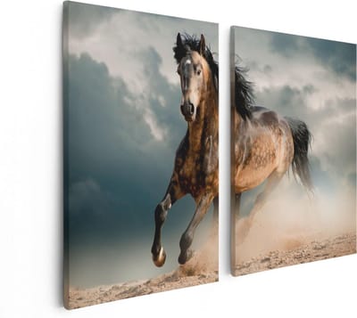 Artaza Canvas Schilderij Tweeluik Wilde Paard In Het Zand  - 80x60 - Foto Op Canvas - Canvas Print