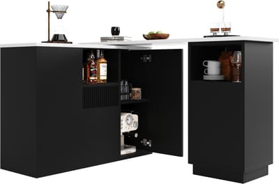 360° Draaibare Bar, L-Vormige en Lineaire Opstelling, Marmer Werkblad, Multifunctionele Opbergeiland, Zwart Modern Design, 210x30x101 cm