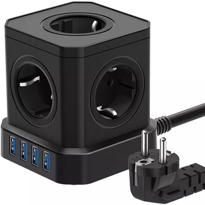 JeiibrZui Stekkerblok - Kubusvormig stekkerblok - 5 stopcontacten + 4 USB-oplaadpoorten - 1 stuk - Geschikt voor thuis en op kantoor - Zwart