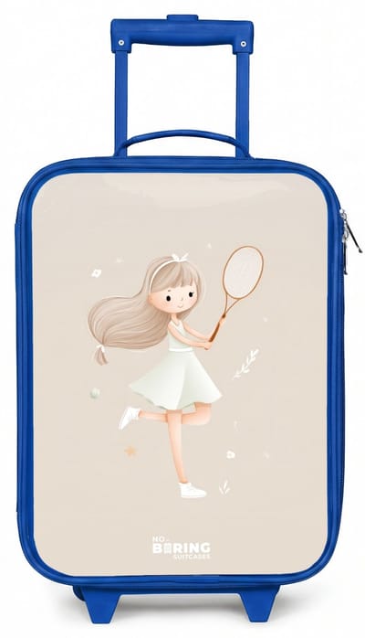 NoBoringSuitcases.com® - Kinderkoffer blauw - Kindertrolley jongen - Meisje speelt tennis in beige kleuren - Koffer kind lichtgewicht - Reiskoffer trolley voor kinderen - Koffertje met lichtgevende wieltjes - Rolkoffer