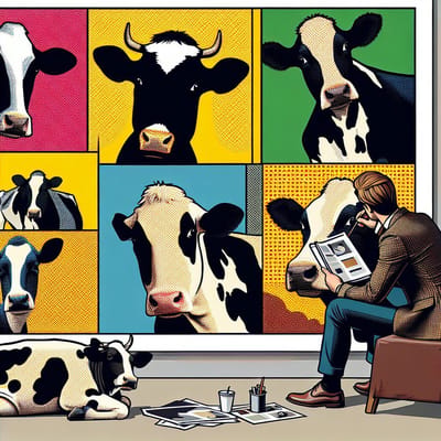 Pop art koeien schilderij | Boerse blikvangers: speels en kleurrijk pop art koeienschilderijen | Kunst - 40x40 centimeter op Dibond | Foto op Dibond