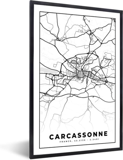 Fotolijst incl. Poster Zwart Wit- Kaart - Plattegrond - Frankrijk - Stadskaart - Carcassonne - Zwart wit - 40x60 cm - Posterlijst