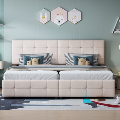 REDOM Opbergbed 180x200 cm van fluweel – Met hydraulisch systeem, verstelbaar hoofdbord en deelbaar – Beige