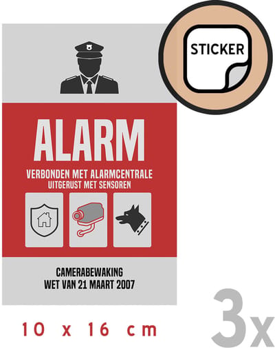 Pictogram/ vinyl stickers (3x) | "Alarm - Verbonden met alarmcentrale" | 10 x 16 cm | Witte achtergrond | Camerabewaking | Watervast | Klever | 3 stuks