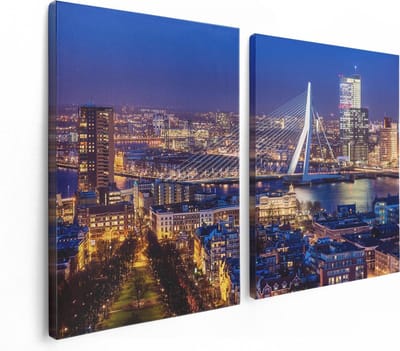 Artaza Canvas Schilderij Tweeluik Rotterdamse Skyline Met De Erasmusbrug  - 120x80 - Foto Op Canvas - Canvas Print