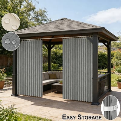 MUPOO Linnenlook Extra Brede Buitengordijn Waterdicht met ringen-230 GSM- Privacy & Verduisterend - Premium Polyester -Vormvaste Plooien - outdoor gordijin voor pergola, overkapping & Terra -grijs- 254x214 cm- 1 Stuk