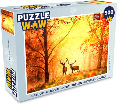 Puzzel Natuur - Olieverf - Hert - Dieren - Herfst - Oranje - Legpuzzel - Puzzel 500 stukjes