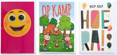 3 Wenskaarten – Op Kamp + Hiep Hiep Hoera + Smiley – 12 x 17 cm – KAM-301
