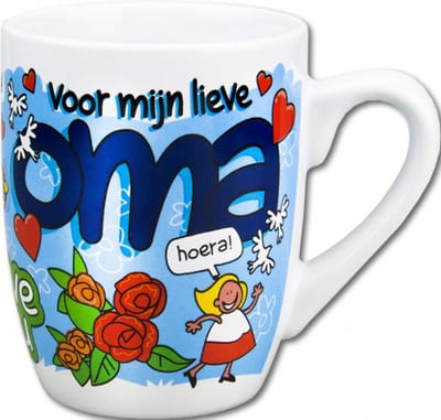 Mok - Snoep - Voor mijn lieve Oma - Cartoon - In cadeauverpakking met gekleurd krullint