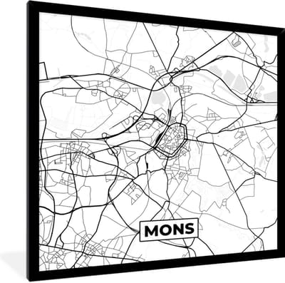 Fotolijst incl. Poster Zwart Wit- Stadskaart – Plattegrond – België – Zwart Wit – Mons – Kaart - 40x40 cm - Posterlijst