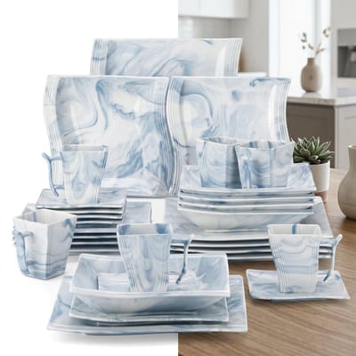 Luxe Serviesset – 30 delig – 6 persoons – Porselein - Bordenset – Dinner platen – Dessertborden - Diepbord - Kommen - Mokken - Marmerblauw