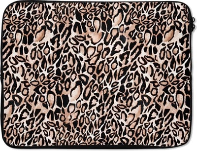 Laptophoes 17 inch - Panterprint - Vlekken - Bruin - Zwart - Laptop sleeve - Binnenmaat 41x28 cm - Zwarte achterkant