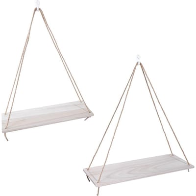 2 pièces Étagère murale de rangement en bois Corde à fronde Plantes suspendues Pots de fleurs Étagères Décorations de maison Couleur bois white