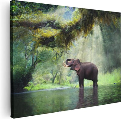 Artaza Canvas Schilderij Olifant In Rivier - 40x30 cm - Klein - Wanddecoratie Dieren - Muurdecoratie Woonkamer - Kamer Accessoires