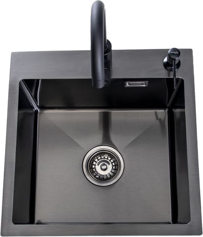 Lendo Online Spoelbak voor keuken met keukenkraan en zeepdispenser 440x440x200mm (44x44x20cm) Zwart / Antraciet RVS - Roestvrij staal - Wasbak met waterafvoersysteem - Gootsteen + bevestigingshaken Binnenmaat: 39x35cm