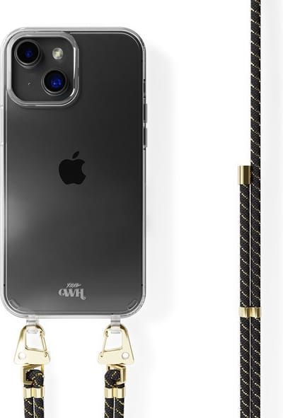 xoxo Wildhearts siliconen hoesje - Geschikt voor iPhone 13 Mini - Gold Goddess - Telefoonhoesje - Hoesje met koord - telefoonkoord - Zwart - Goud - Transparant hoesje