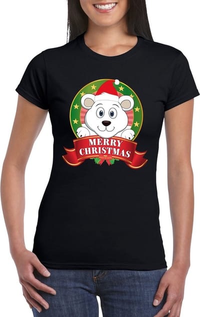 IJsbeer Kerst t-shirt zwart Merry Christmas voor dames - Kerst shirts S