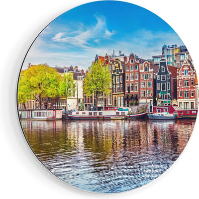 Artaza Dibond Muurcirkel Amsterdamse Huisjes Aan Het Water - Ø 40 cm - Klein - Wandcirkel - Rond Schilderij - Voor Binnen en Buiten