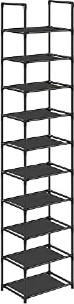 Schoenenrek, 10 niveaus, schoenenopberger, smal, metalen frame, planken van vliesstof, voor hal, slaapkamer, 28 x 45 x 173 cm, Zwart