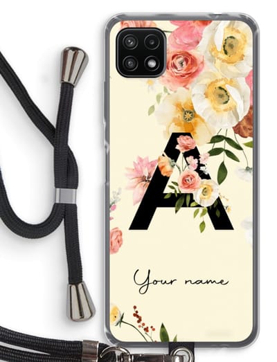 Gepersonaliseerd - Case Company® - Hoesje met koord geschikt voor Samsung Galaxy A22 5G hoesje met Koord - Flirty Flowers Monogram - Telefoonhoesje met Zwart Koord - Bescherming aan alle Kanten en Over de Schermrand