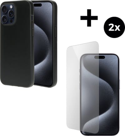 Mobiparts Classic TPU hoesje geschikt voor Apple iPhone 15 Pro Max met 2 Screenprotectors van Gehard Glas - Zwart