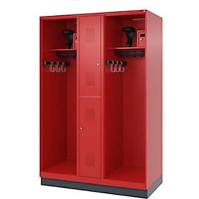 Brandweerkluis C+P Evolo Maxi, 4 vakken voor 2 personen, met helmhouder, met sokkel, B 1300 x D 600 x H 1950 mm, RAL 3000 vuurrood/RAL 7016 antracietgrijs