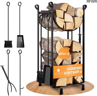 RFWR® Haardhoutrek met Haardbestek Set - Zwart Staal 78x30x36cm, 2 Niveaus, Weerbestendig, Ruimtebesparend