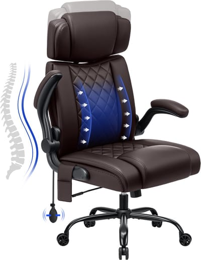 HOFFREE Ergonomische Bureaustoel tot 200 kg – Chefsessel met Hoge Rugleuning, Verstelbare Hoofdsteun, Inklapbare Armleuningen, Kunstleer Computerstoel – Bruin