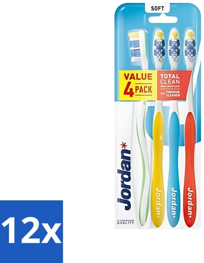 Jordan - Total Clean - Tandenborstels Soft - 4 Tandenborstels - Voordeelverpakking - 12 stuks