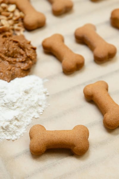 Emmer met zelfgebakken hondenkoekjes pindakaas S 300 gram