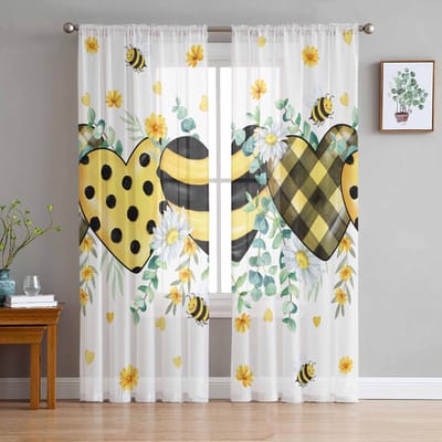 Waterverf Bijen Eucalyptusbladeren Margrietbloemen Raam Tule Gordijnen voor Woonkamer Hotel Luxe Decoratie Doorzichtige Gordijnen 135W x 114H(cm) beige