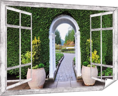 Gards Tuinposter Doorkijk Doorkijk met Potten - 180x120 cm - Tuindoek - Tuindecoratie - Wanddecoratie buiten - Tuinschilderij