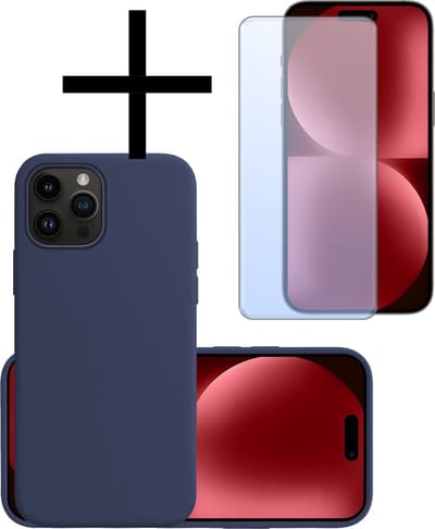 Hoesje - Met Screenprotector - Geschikt voor Apple iPhone 15 Pro - Sterk & Shockproof - Back Cover - Siliconen Case - Telefoon Hoes - Donkerblauw