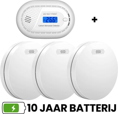 Aroha Safety Pro brandpreventieset - 3 Rookmelders & 1 CO melder - 10 jaar batterij & sensor - Extra dun design brandmelder - Koolmonoxidemelder - Multipack 4 set