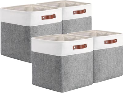 Famanu – Verstevigde stoffen opbergkubussen set van 4 - 33x38x33 cm - met handgrepen - grijs/wit - duurzaam materiaal - stevig en praktisch voor kleding - speelgoed en accessoires