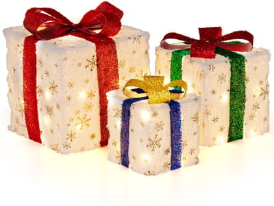 COSTWAY Set van 3 led-geschenkdozen, kerstdecoratie met 48 warmwitte leds en timer, waterdichte kerstdoos, verlichte kerstdecoratie, kerstdecoratie voor binnen en buiten