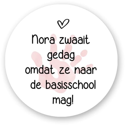 25x Traktatiesticker Afscheid Peuter Meisje – “Naam zwaait gedag” – Roze Handje – Basisschool – 4 cm – Personaliseerbaar