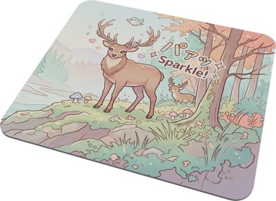 Kawaii Muismat Herten - Schattig Hert in Magisch Bos met Vogeltje - Japanse Stijl Natuur Illustratie - "Sparkle" Thema Pastel Mousepad - Cadeau voor haar: Vriendin & Collega - Bosdieren Bureau Decoratie - Kleurrijke Mouse Pad