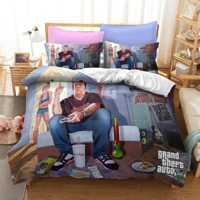 3D Cartoon Game Grand Theft Auto Dekbedovertrek met Kussensloop Beddengoed Set Eenpersoons Tweepersoons Twin Volledig Queen King Bed Set Kamerdecoratie US Queen 228x228cm
