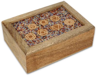 Tarot sieradendoos 7 Chakra's gemengde chakrastenen mangohout - ± 18 cm x 14 cm x 7 cm