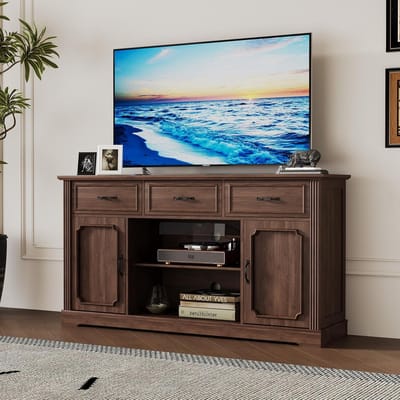 Tv-meubel Lowboard 150x80 cm – Retro Houten TV-kast met 3 Laden, 2 Gesloten en 3 Open Vakken, Bruin – Voor Woonkamer, Slaapkamer en Eetkamer – ABKANTOOR