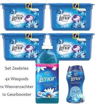 Lenor Zeebries Set 4x waspods - 1x 900ML wasverzachter - 1x Zeebries Geurbooster