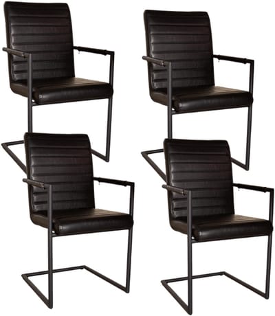 Dimehouse Set van 4 Eetkamerstoelen Bras Industrieel Zwart - Met Armleuningen - Kunstleer - Industrieel