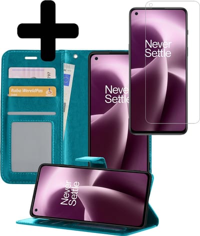 Hoesje - Met Screenprotector - Geschikt voor OnePlus Nord 2T - Luxe Pasjeshouder - Bookcase Portemonee - Flip Case - Kunstleer Book Case - Flipcase - Book Cover - Walletcase - Portemonneehoes - Telefoonhoesjes - Turquoise