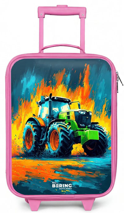 NoBoringSuitcases.com® - Kinderkoffer roze - Kindertrolley meisje - Tractor - Groen - Abstract - Penseelstreken - Koffer kind lichtgewicht - Reiskoffer trolley voor kinderen - Koffertje met lichtgevende wieltjes - Rolkoffer